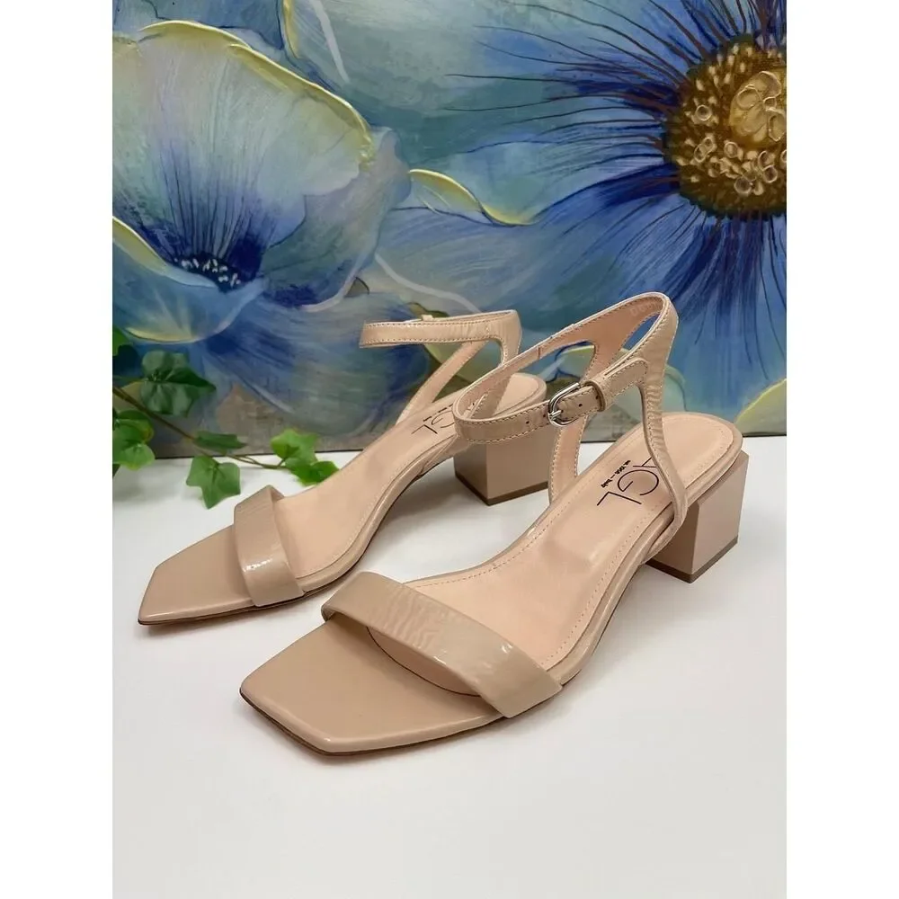 AGL Nude Patent Leather Square Toe Block Heel Sandals Size 39 / US 9